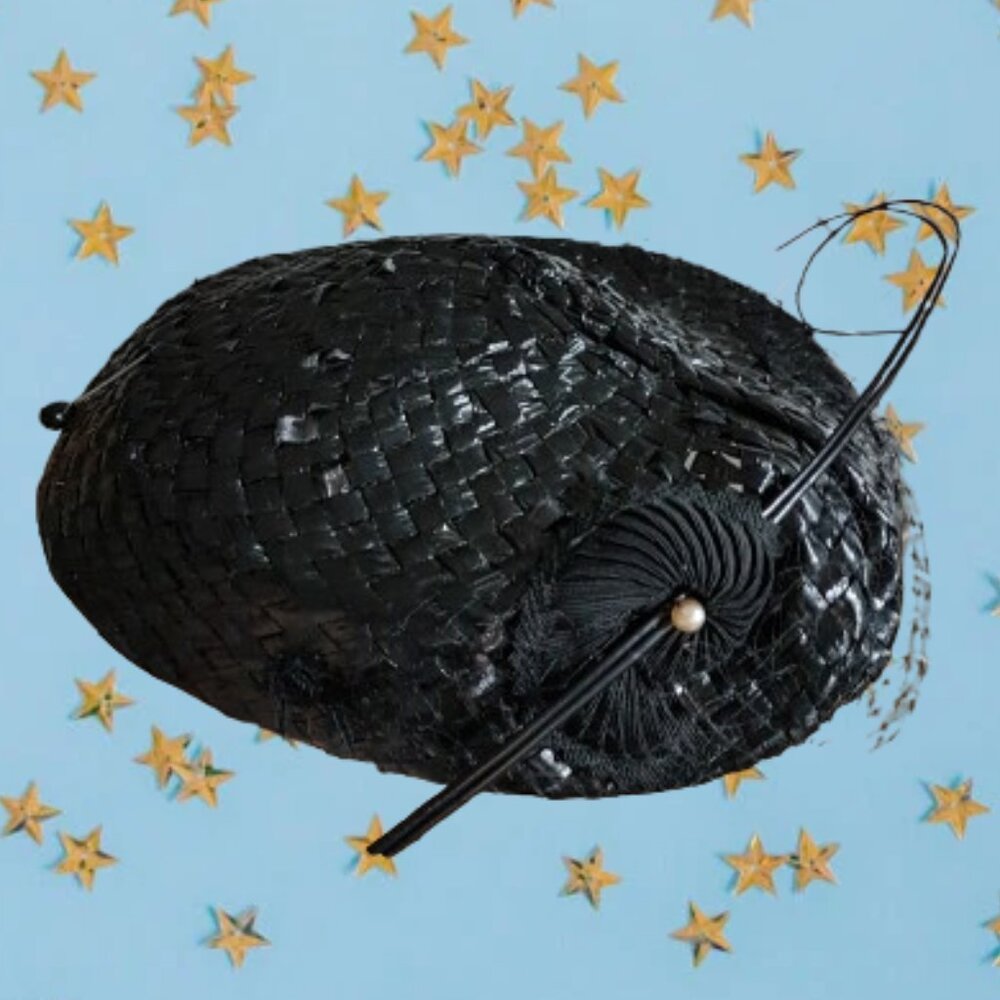 Vintage Black Woven Fascinator Pillbox Hat with Netting & Pearl Detail